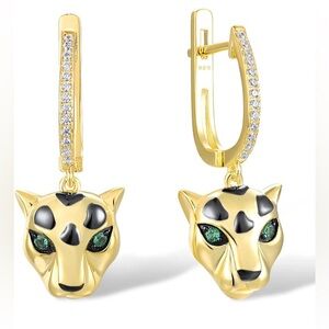 Sterling Silver CZ Panther Earrings with Green Accents